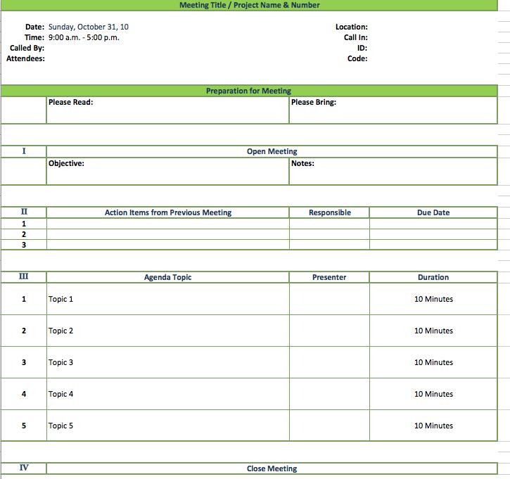 agenda excel template