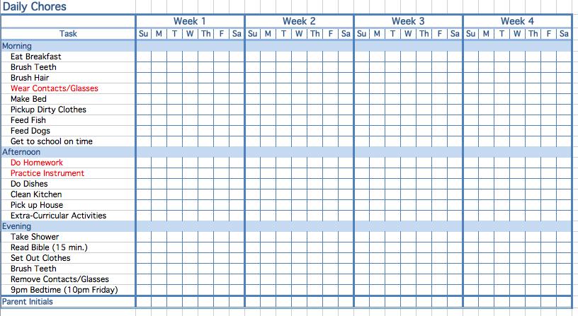 Chore Chart Template Excel