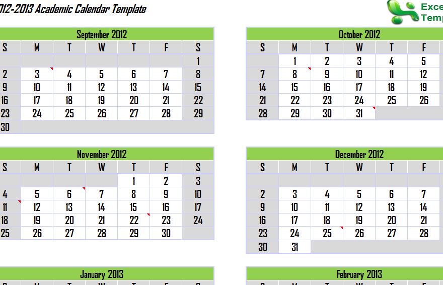 2012 and 2013 Academic Calendar Template