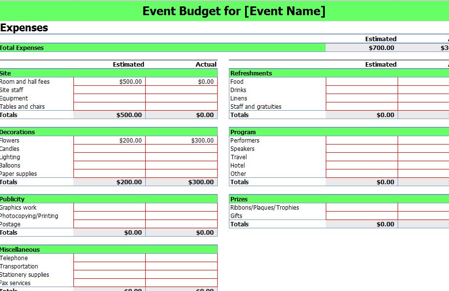 event planner budget template