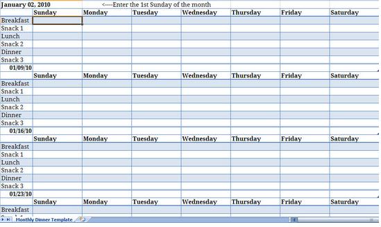 monthly menu planner template excel