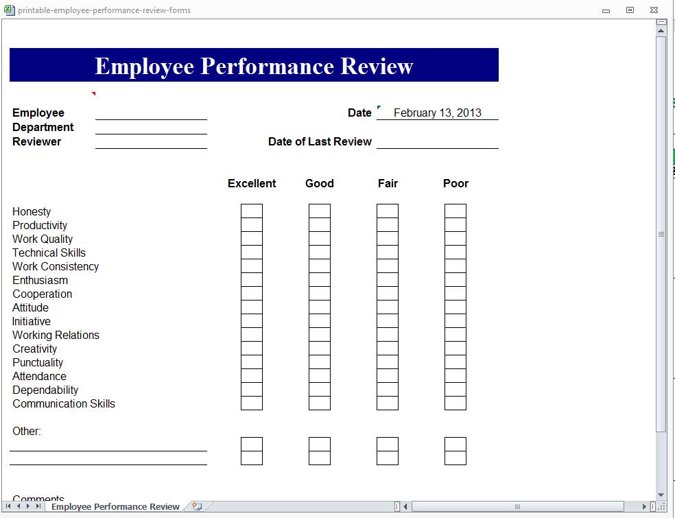 Printable Employee Performance Review Forms 1674