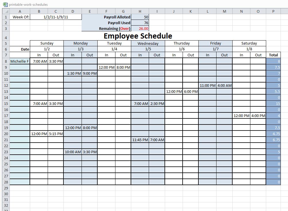 blank work schedule template free