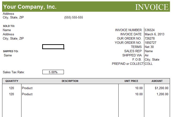 screenshot of the commercial invoice template