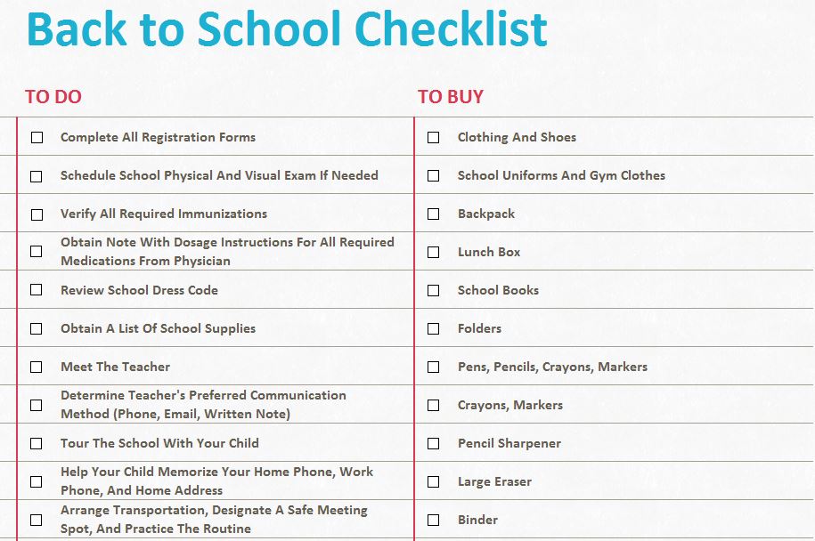 Screenshot of the Back to School Checklist