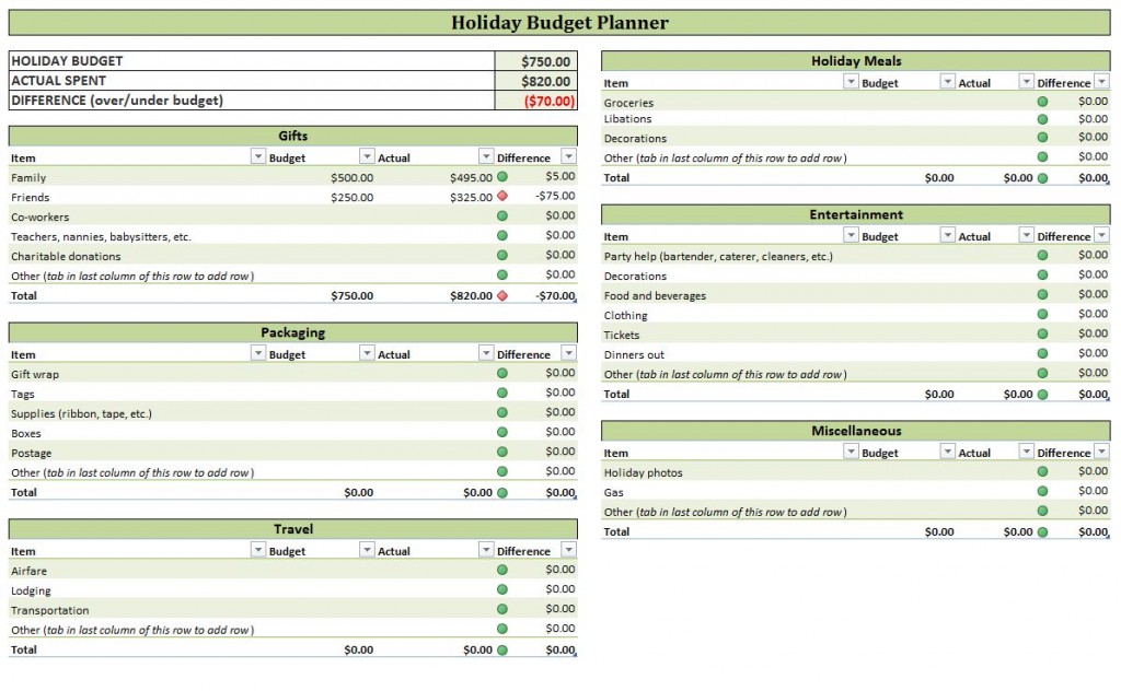 screenshot of the holiday budget planner
