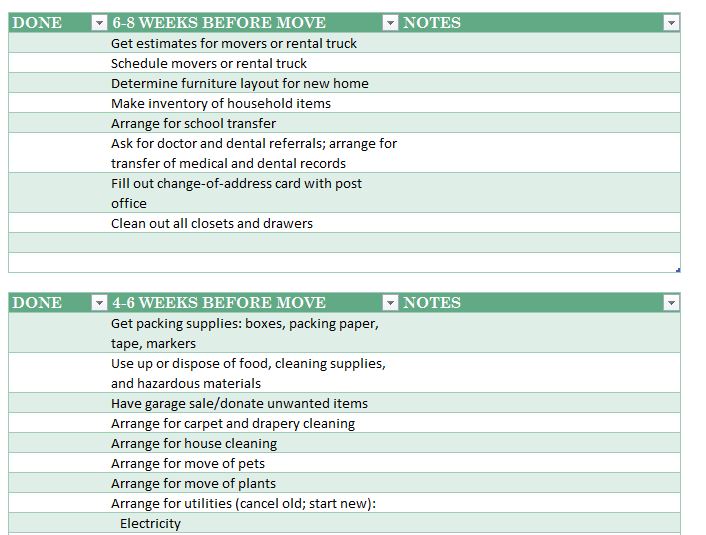 Screenshot of the Moving House Checklist