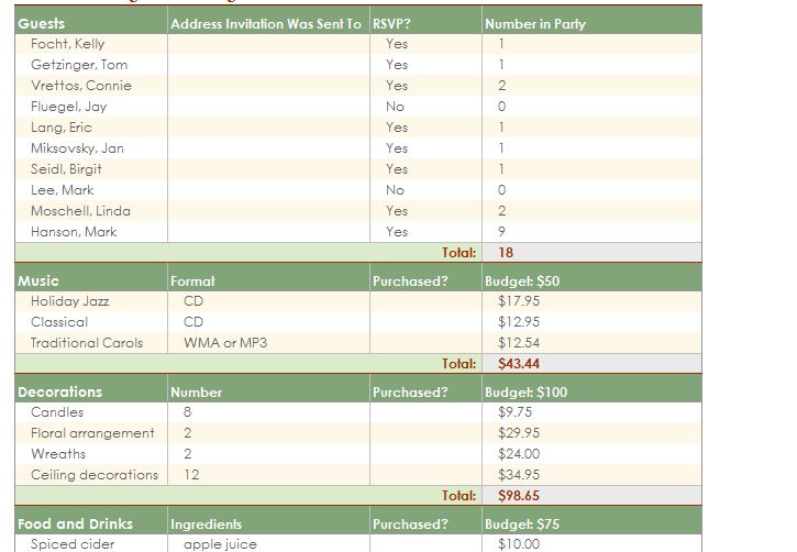 Screenshot of the Party Planning Template