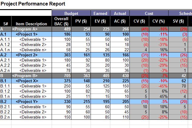 screenshot of the project status report template