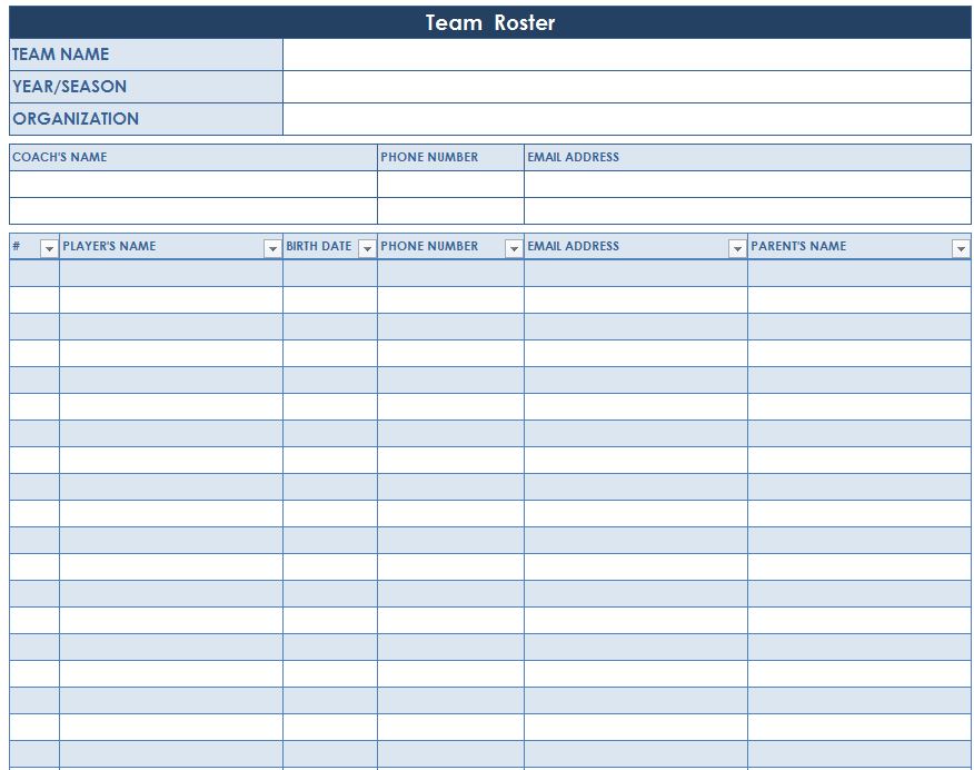 Printable Sports Team Roster