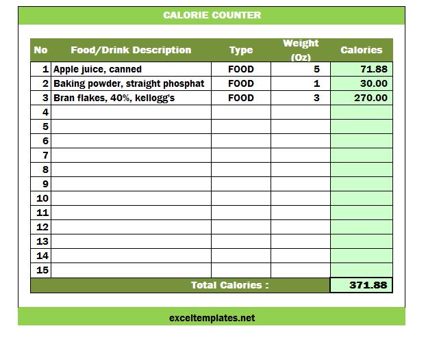 Screenshot of the calorie counter spreadsheet