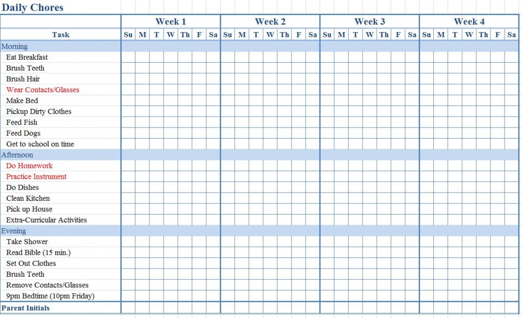 Excel Chores Template from exceltemplates.net