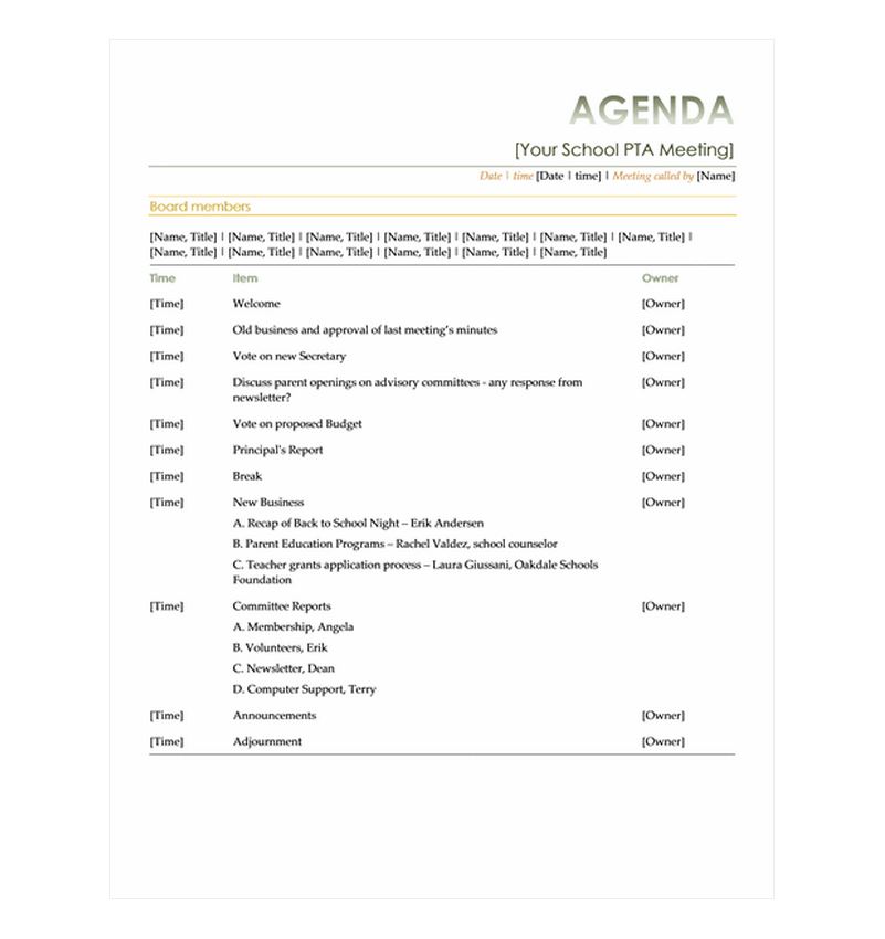 PTA Meeting Agenda PTA Meeting Agenda Template