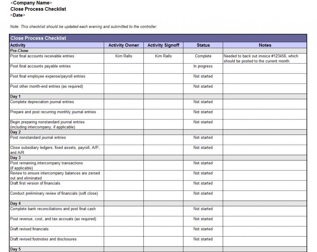 MonthEnd Close Checklist Template Excel