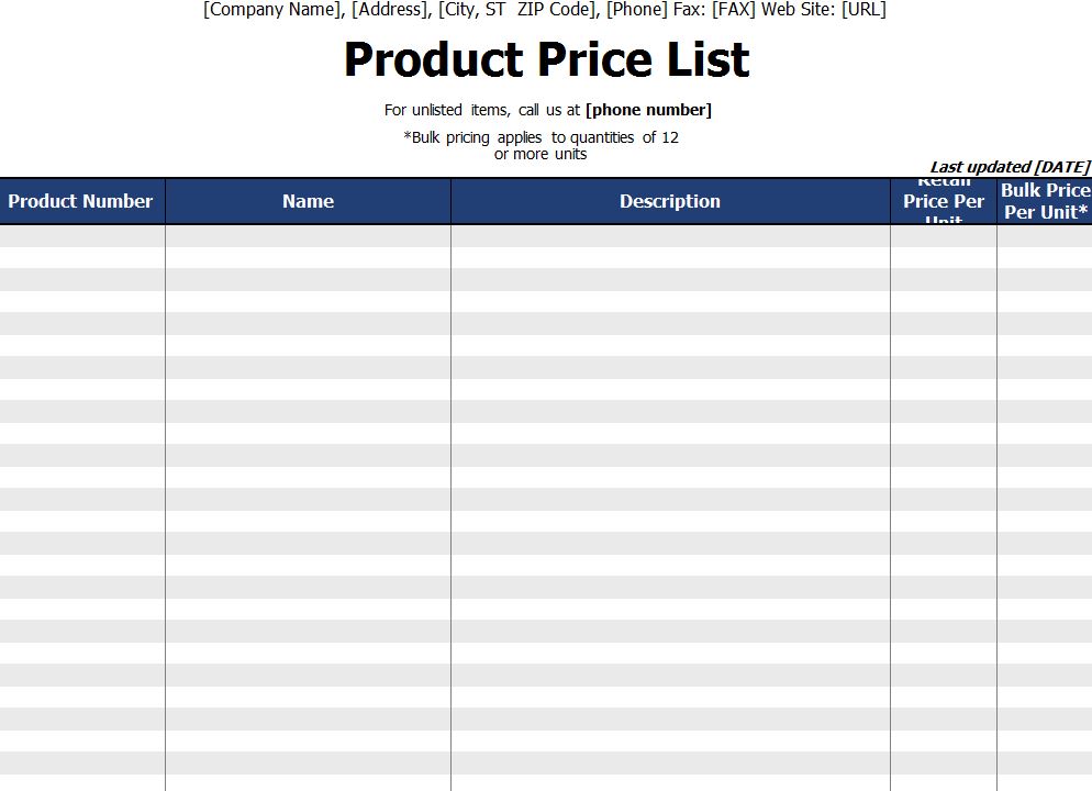 Wholesale & Retail Price Template