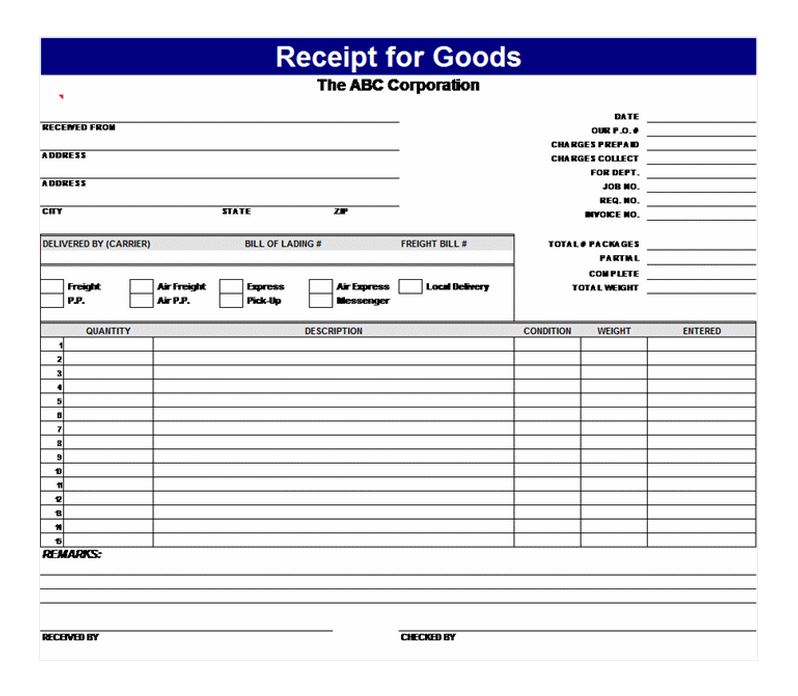 Receipt for Goods Receipt for Goods Template