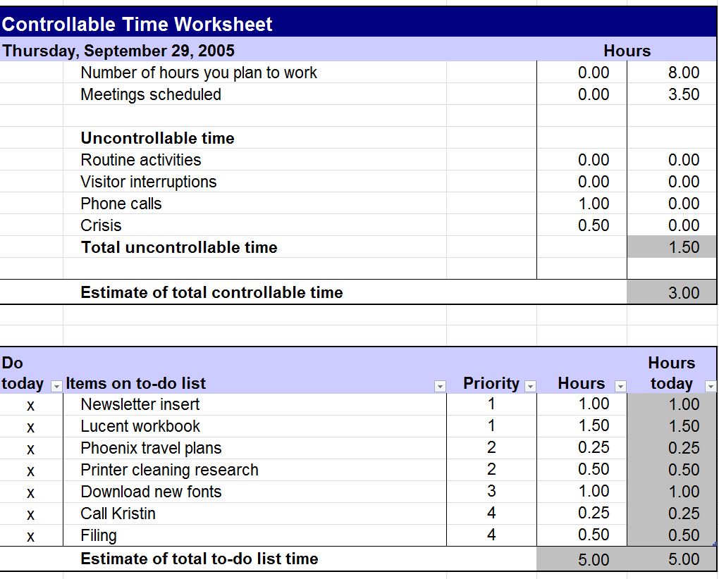 Controllable Time Worksheet Free