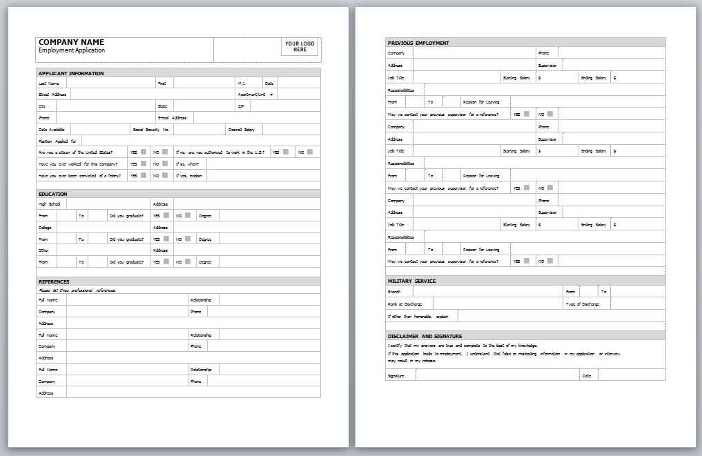 Free Printable Employment Application Template