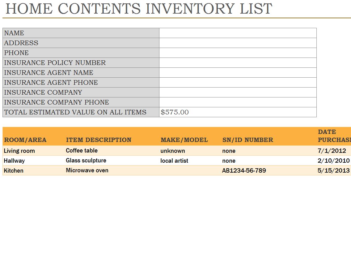 sample home inventory list