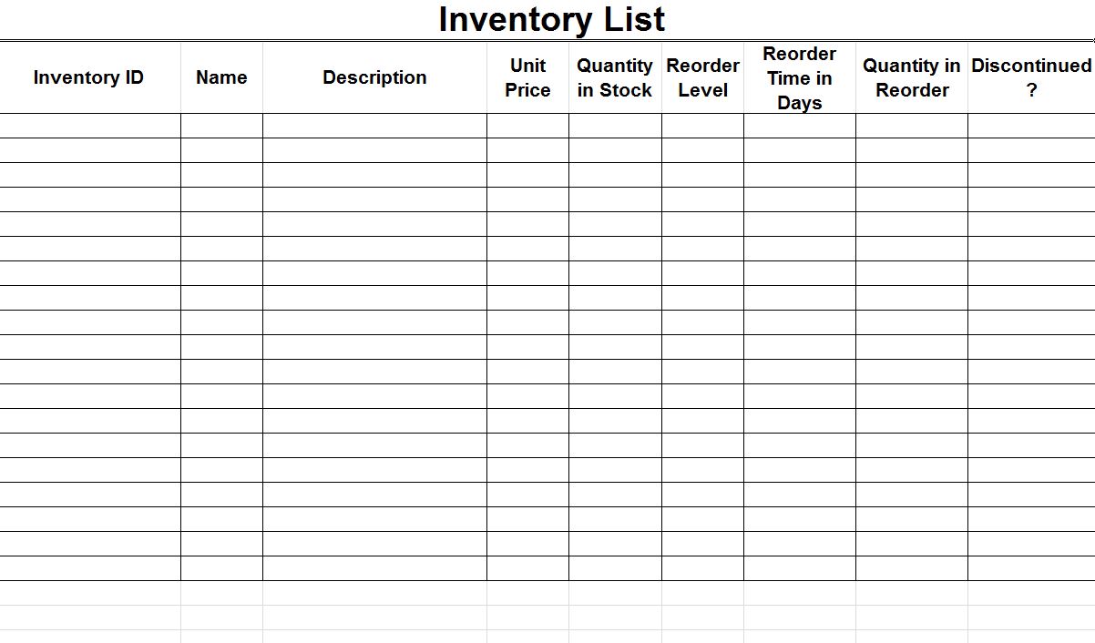 Inventory List Inventory List Template