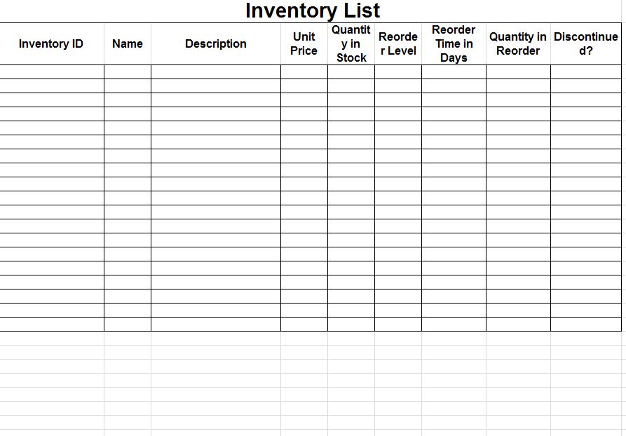 blank inventory list