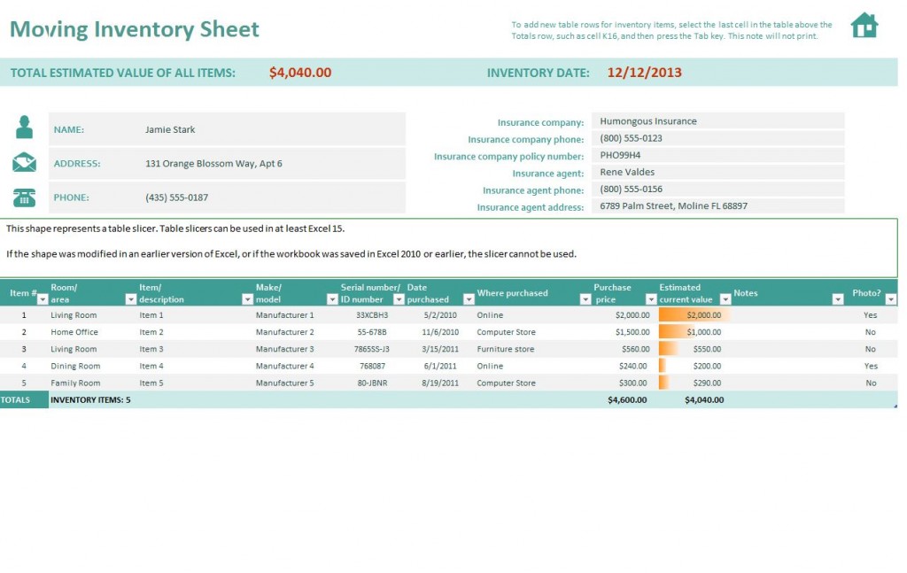 google moving inventory sheet template