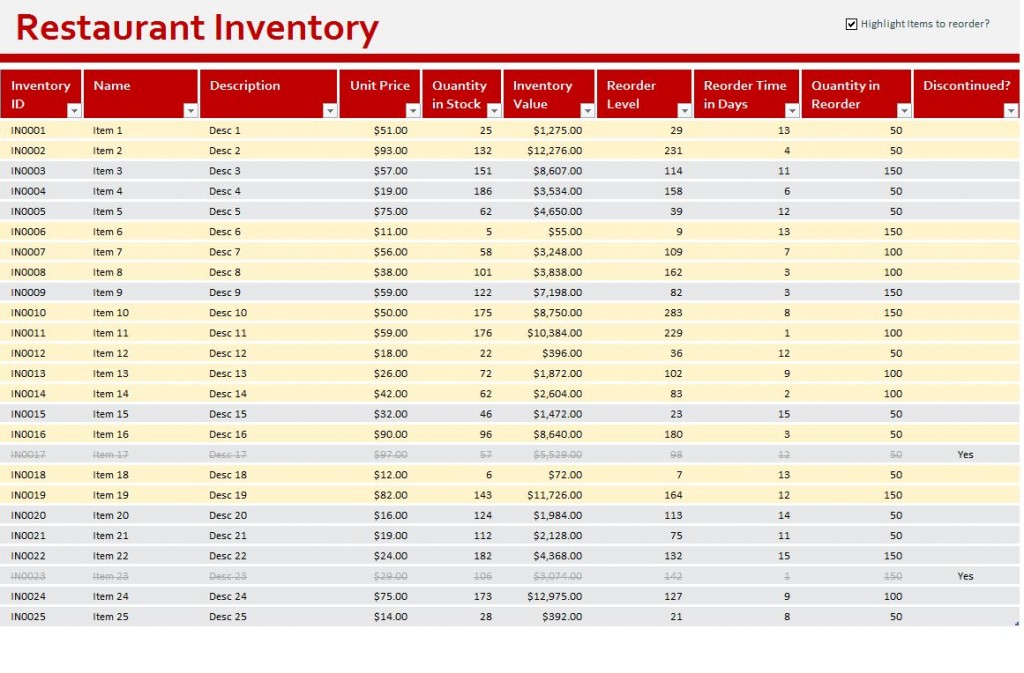 food inventory template excel