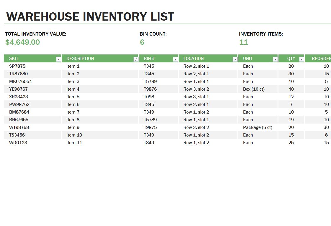 Warehouse Inventory Tracking Excel Template