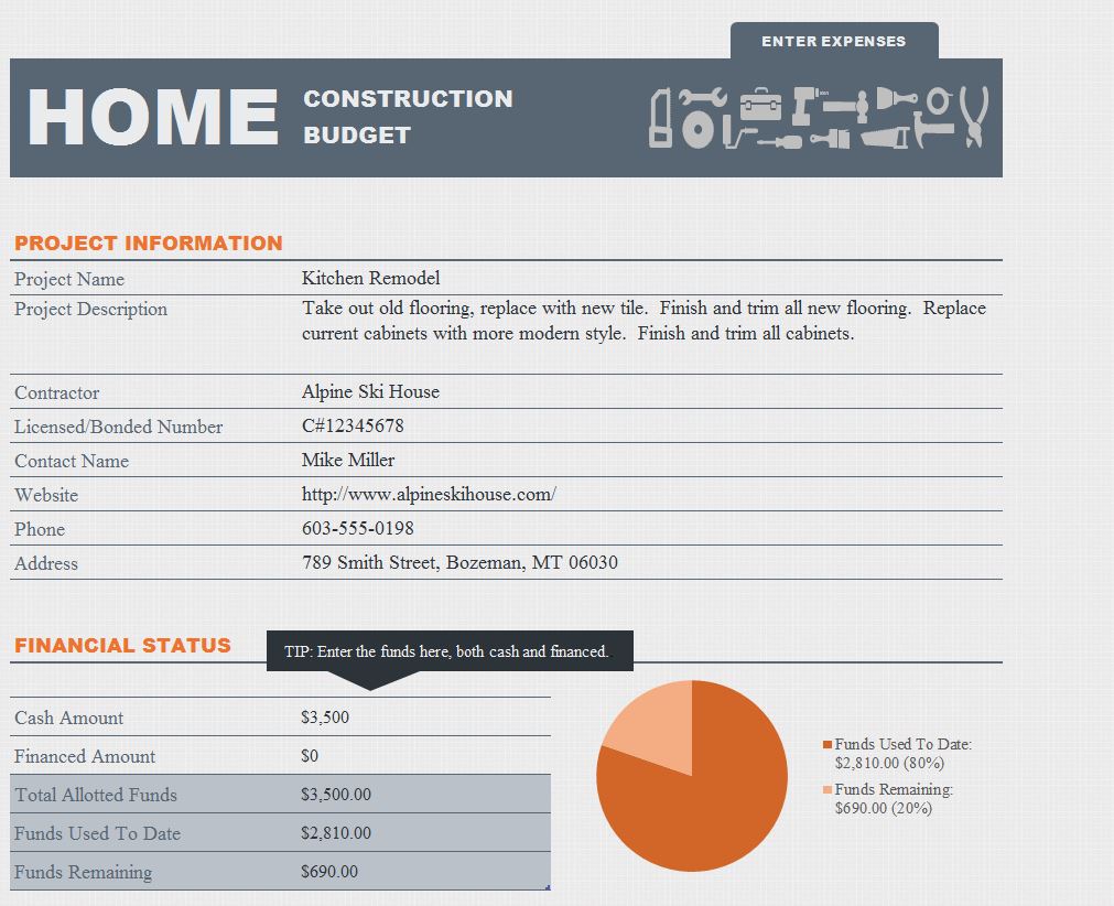 Home Construction Budget Spreadsheet