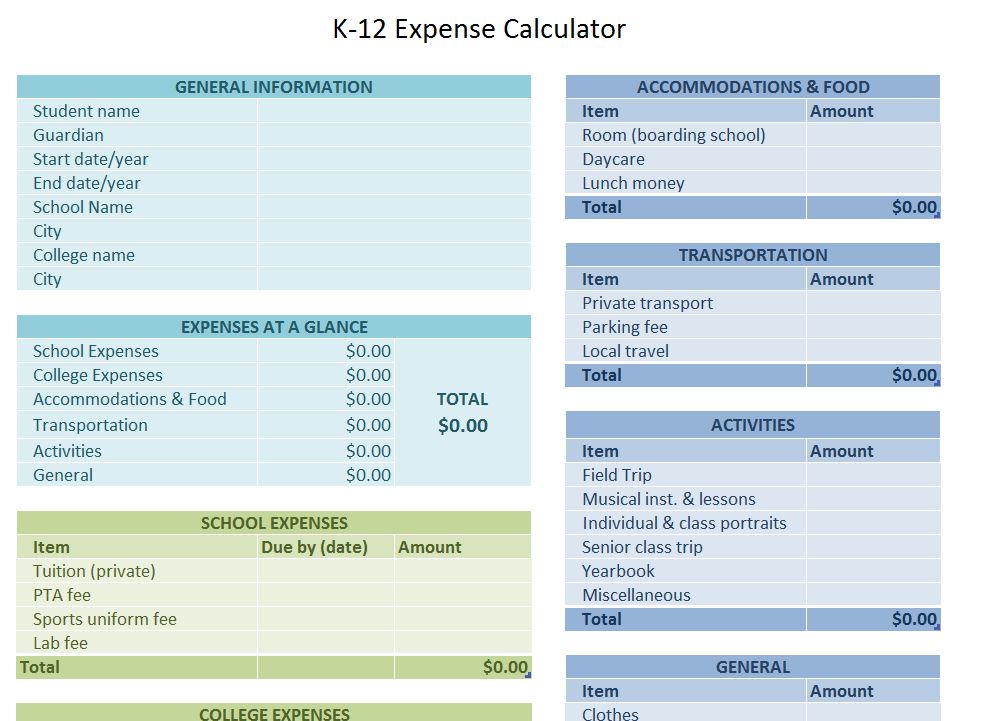 Free School Expense Calculator