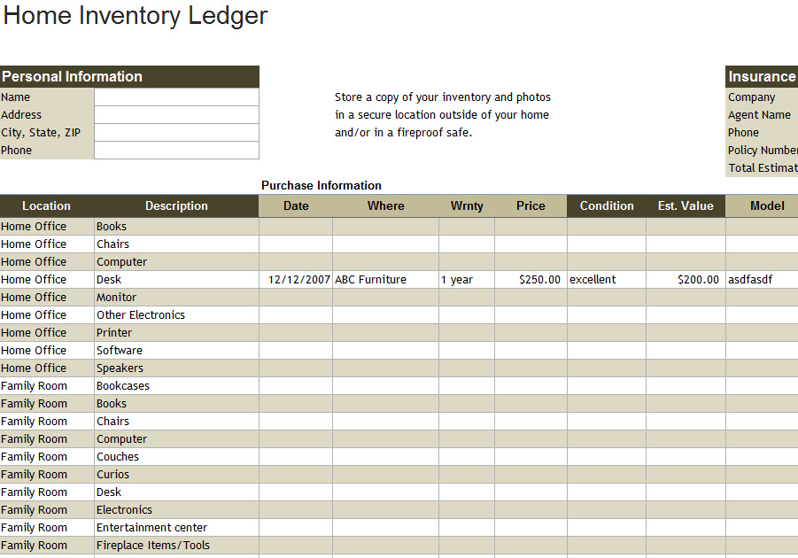 free excel home inventory template