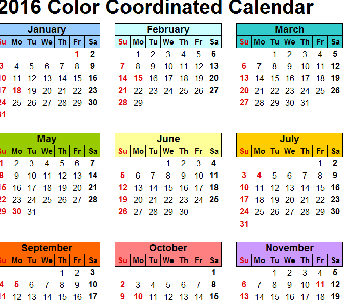 2016 Color Coordinated Calendar