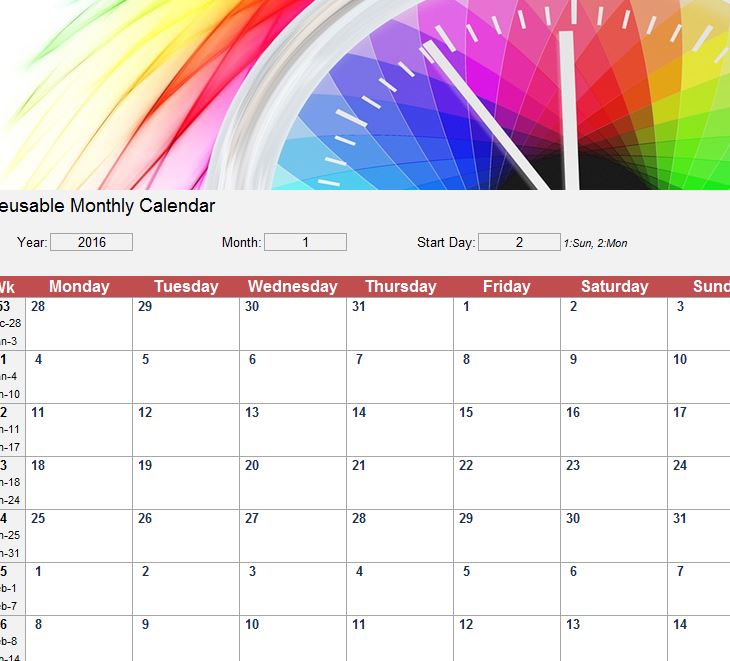 Reusable Monthly Calendar