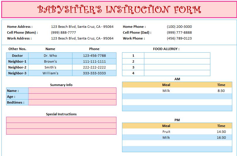 Babysitter Instruction Form