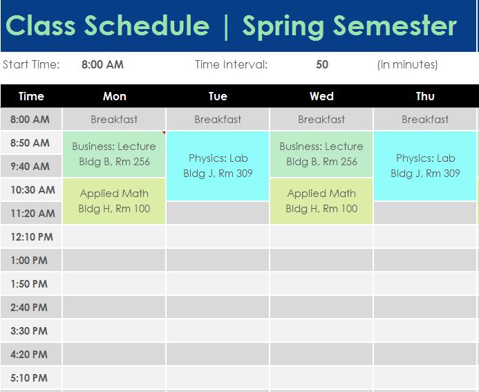 microsoft excel class schedule template