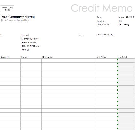 credit memo excel template