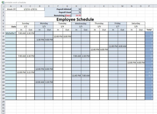 free printable work schedule template