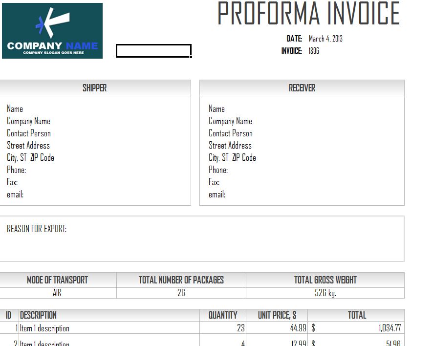 proforma invoice template excel