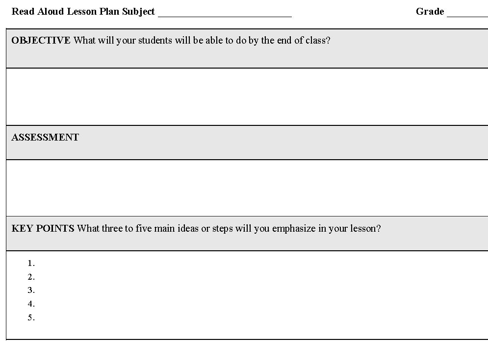 Screenshot of the Read Aloud Lesson Plan Template