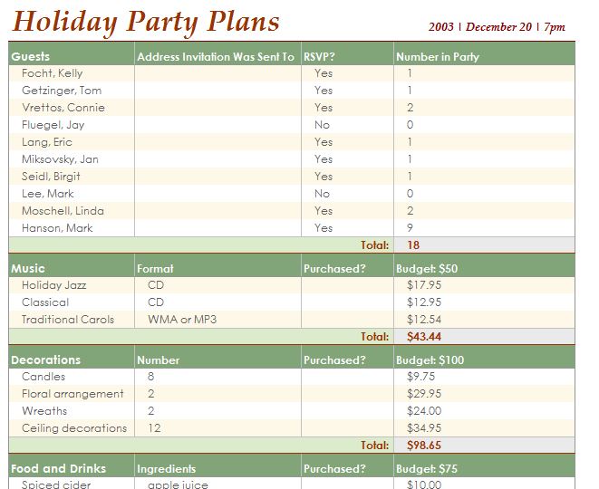 Screenshot of the Event Planning Template