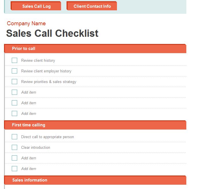 Sales Call Log screenshot