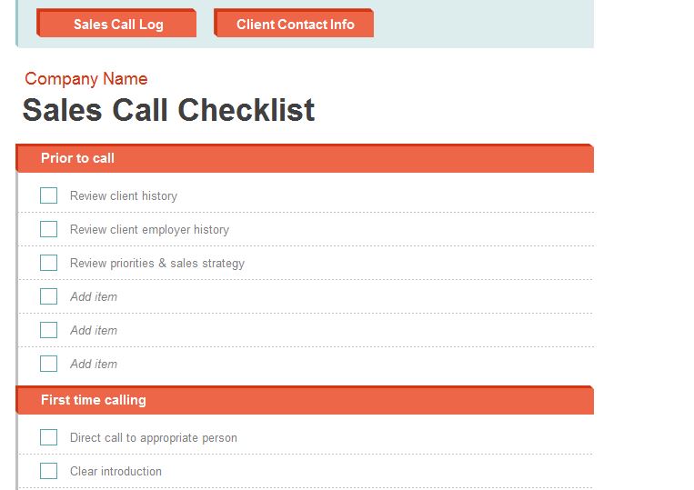 Screenshot of the Sales Call Report Template