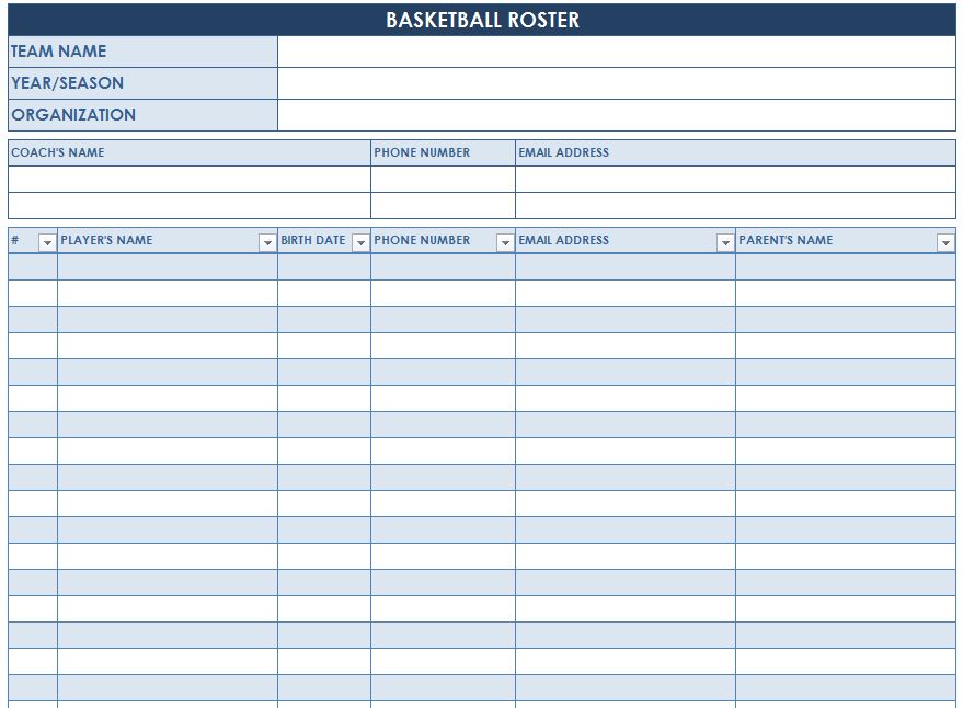 Screenshot of the Basketball Roster Template