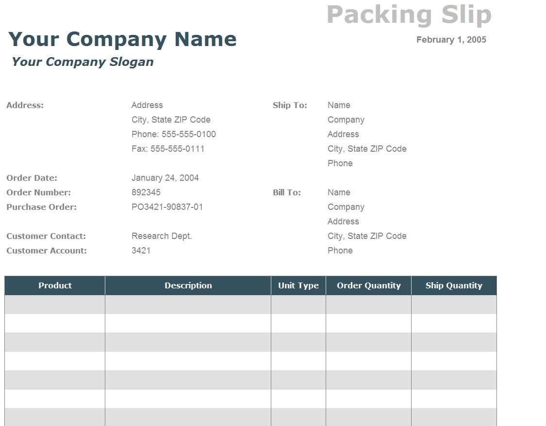 Microsoft Excel Packing Slip Template