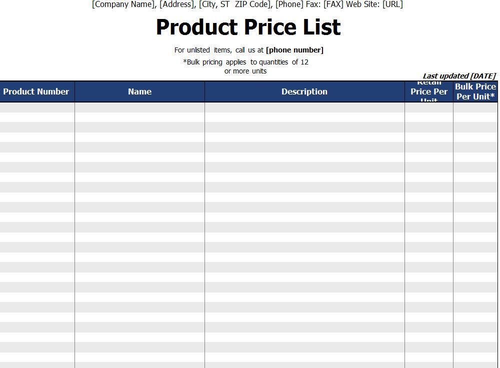The free Product Price List
