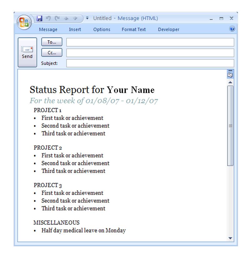 Sample Project Status Report Email from exceltemplates.net