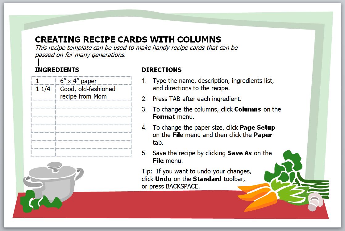 4x6 recipe card template word