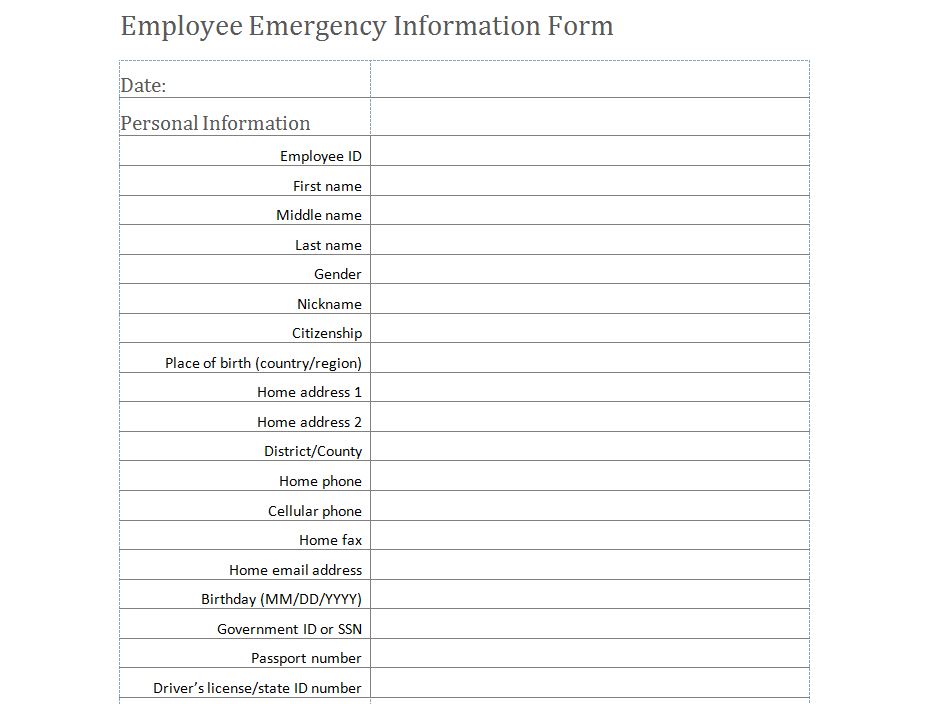 Free Emergency Medical Information Form