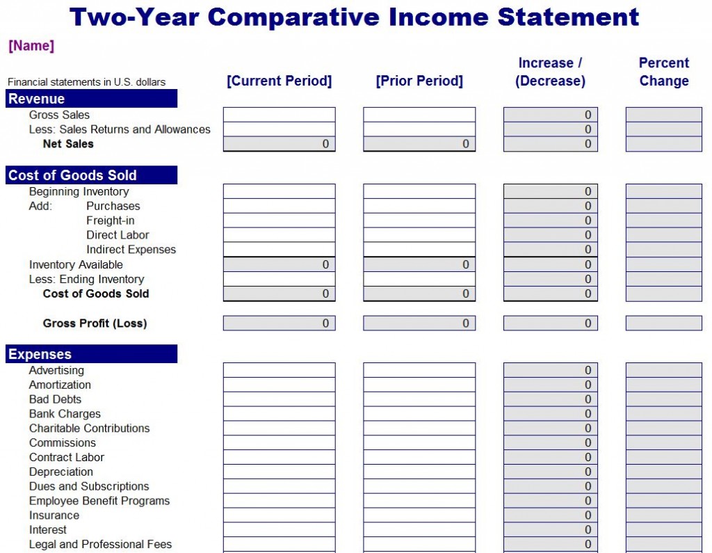 income statement format excel