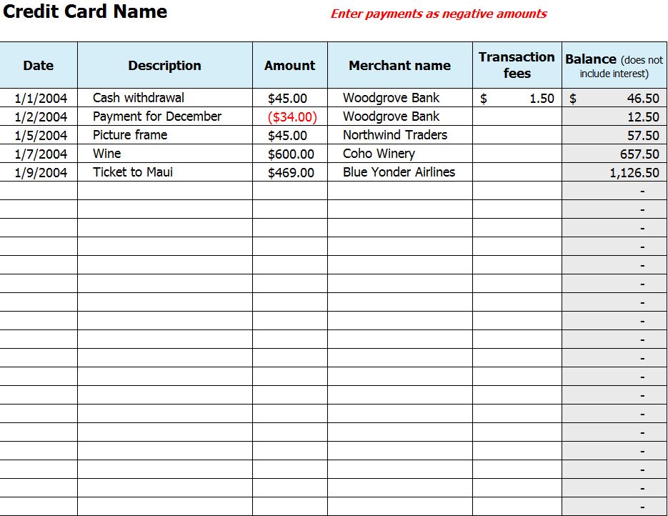 Free Credit Card Use Log